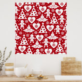 Poster Arbre de Noël et pain d'épices Motif sur rouge (Cuisine)
