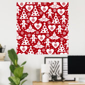 Poster Arbre de Noël et pain d'épices Motif sur rouge (Bureau à domicile)