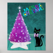 Poster Arbre de Noël Rose Pailleté Argent Chat Noir Joyeu (Devant)