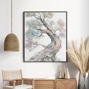 Poster Arbre de Vie Arc-en-Ciel Élégant Graphite Pastel