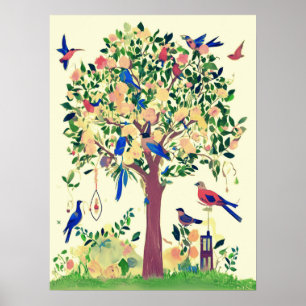 Poster Arbre de vie avec oiseaux et fleurs