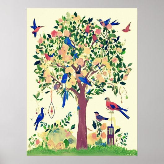 Poster Arbre de vie avec oiseaux et fleurs (Devant)