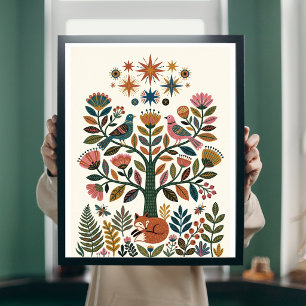 Poster Arbre de Vie Boho Art Folklorique Paon Céleste