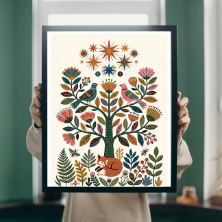 Poster Arbre de Vie Boho Art Folklorique Paon Céleste