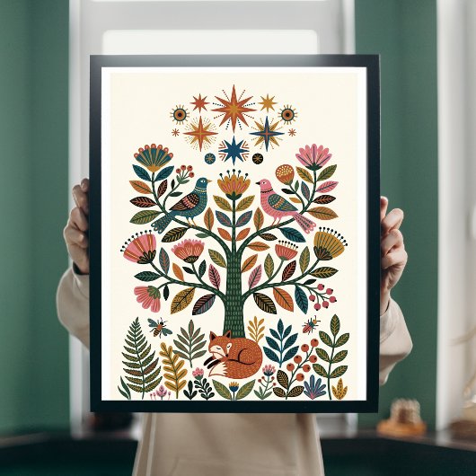 Poster Arbre de Vie Boho Art Folklorique Paon Céleste