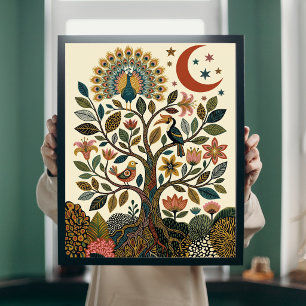 Poster Arbre de Vie Boho Art Populaire Paon Céleste