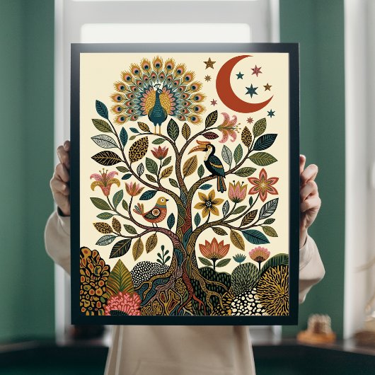 Poster Arbre de Vie Boho Art Populaire Paon Céleste