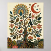 Poster Arbre de Vie Boho Art Populaire Paon Céleste (Devant)