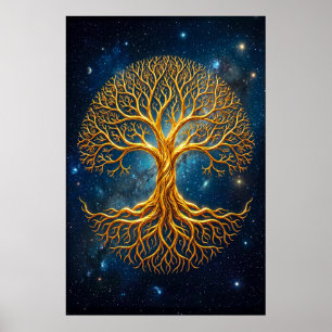 Poster Arbre de Vie Cosmique Bleu Éthéré Luminescent Myst
