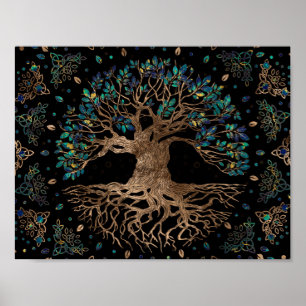 Poster Arbre de vie - Yggdrasil doré et ornement de marbr