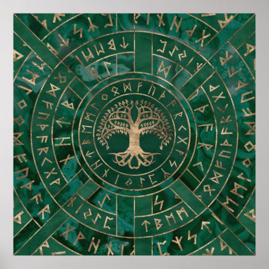Poster Arbre de vie - Yggdrasil et Futhark - Malachite (Devant)