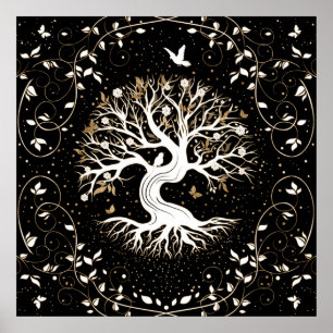 Poster Arbre de vie - Yggdrasil - noir blanc et or