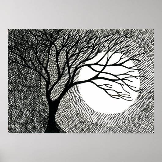 Poster Arbre d'hiver et Lune en noir et blanc (Devant)