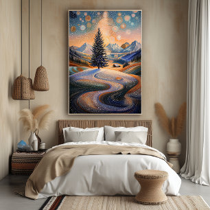 Poster Arbre d'hiver étoilé dans le style pointilliste