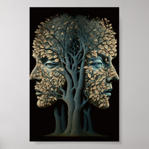 Poster Arbre D'Illusion Optique Face Avec Feuilles