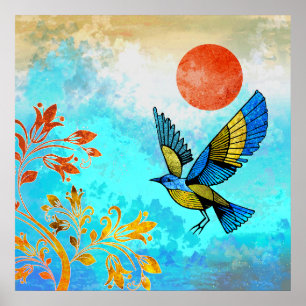 Poster Arbre d'oiseau Soleil