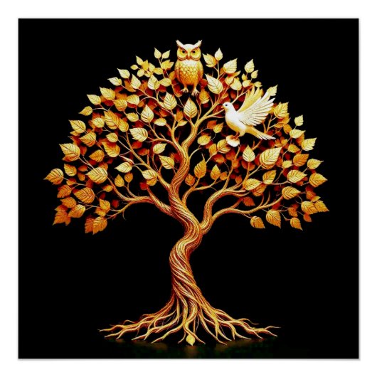 Poster Arbre d'or avec la Chouette et la Colombe (Devant)