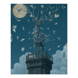 Poster Arbre éclairé par la lune de lumière et de vol