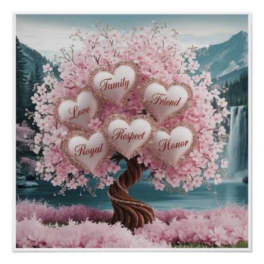 Poster Arbre en fleur de cerisier 3D avec Parties scintil (Devant)