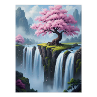 Poster Arbre en fleurs de cerisier au-dessus des cascades
