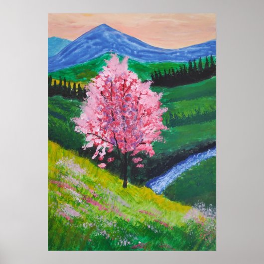 Poster Arbre en fleurs rose dans un champ vert (Devant)