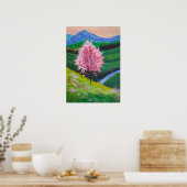 Poster Arbre en fleurs rose dans un champ vert (Cuisine)
