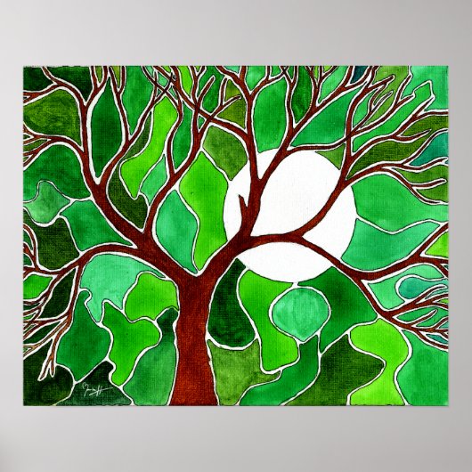 Poster Arbre et Lune sur toile - Vert (Devant)