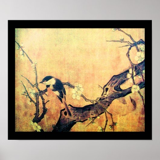 Poster ARBRE FLEURI DE PRINTEMPS OISEAU ET FLEUR Jaune Br (Devant)