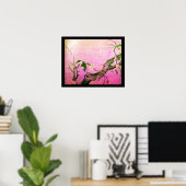 Poster ARBRE FLEURI DE PRINTEMPS OISEAU ET FLEUR Rose Fuc (Bureau à domicile)