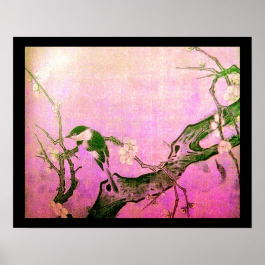 Poster ARBRE FLEURI DE PRINTEMPS OISEAU ET FLEUR Rose Fuc (Devant)