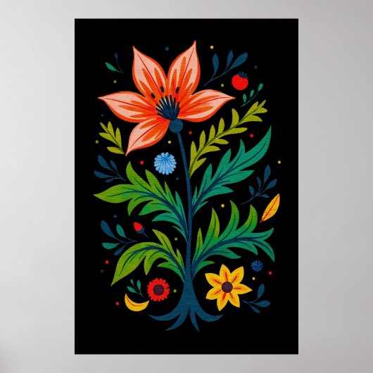 Poster Arbre Floral Bohème Noir Lunatique Art Populaire (Devant)