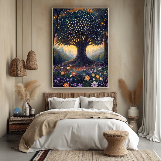 Poster Arbre forestier enchanté dans le style des Pointil