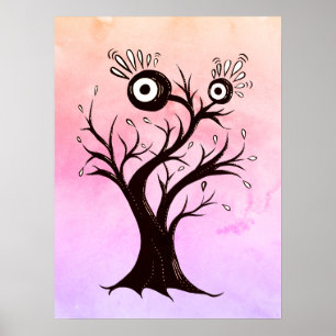 Poster Arbre fou Créature Encre Art Imaginaire rose