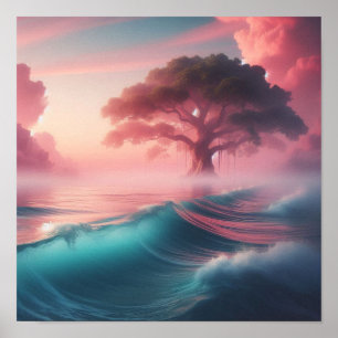 Poster Arbre Géant Éthéré Au-Dessus de Eaux Pastel Serein