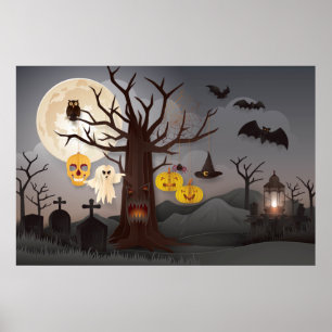Poster Arbre Halloween Papercut, Fantômes, chauves-souris