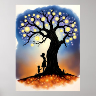 Poster Arbre magique des lumières avec silhouettes