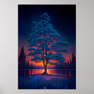 Poster Arbre Majestueux, Coucher de soleil rouge