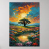 Poster Arbre Majestueux dans le champ des fleurs (Devant)