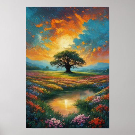 Poster Arbre Majestueux dans le champ des fleurs (Devant)