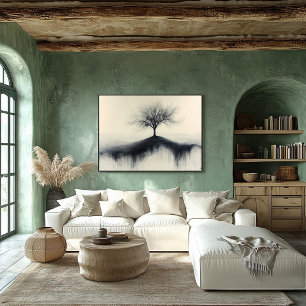 Poster Arbre minimaliste sur la colline avec ombres cendr