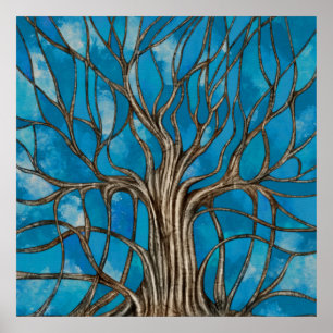 Poster Arbre mystique de la vie Mosaic Bleu Aquarelle