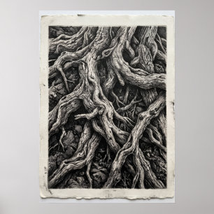 Poster Arbre noir et blanc - Art des racines