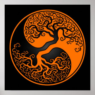 Poster Arbre orange et noir de la vie Yin Yang