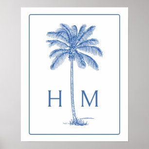 Poster Arbre Palmier Palmetto Bleu et Blanc Monogramme