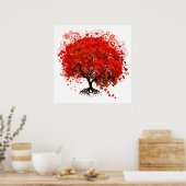 Poster Arbre rouge avec Feuilles du coeur en chute (Cuisine)