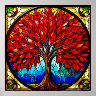Poster Arbre Rouge Vibrant en Verre Artisanal