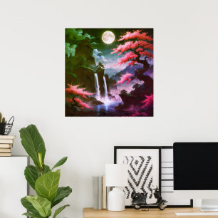 Poster Arbre Sakora-Cascade au Clair de Lune avec Cerisie