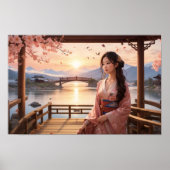 Poster Arbre Sakura coucher de soleil avec belle femme as (Devant)