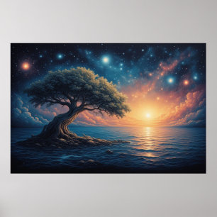 Poster Arbre Solitaire sur l'Océan au Coucher du Soleil �