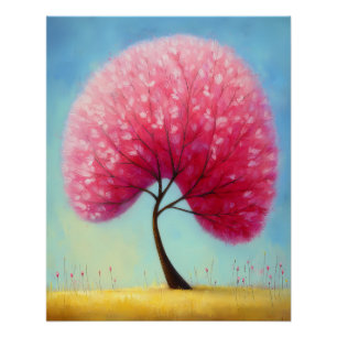 Poster arbre stylisé avec une couronne de fleurs roses -